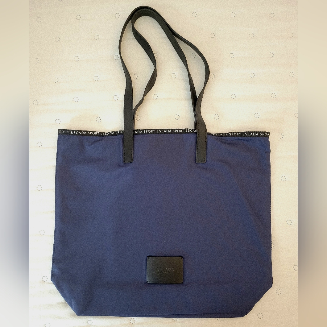 Escada Sport Navy Blue Nylon Tote Bag Leather Trim Shoulder Handbag Luxury Trave